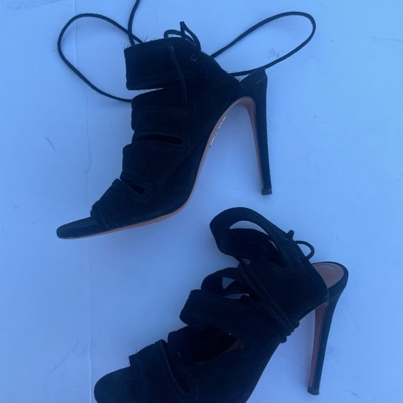 Aquazzura Firenze Slone Peep Toe Bootie Black Suede Sz 35 Slit-Front Lace - Picture 6 of 11